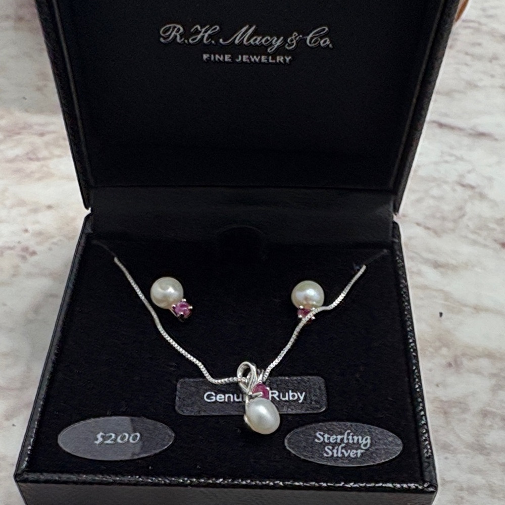 Sterling Silver Pearl and Ruby Necklace - White